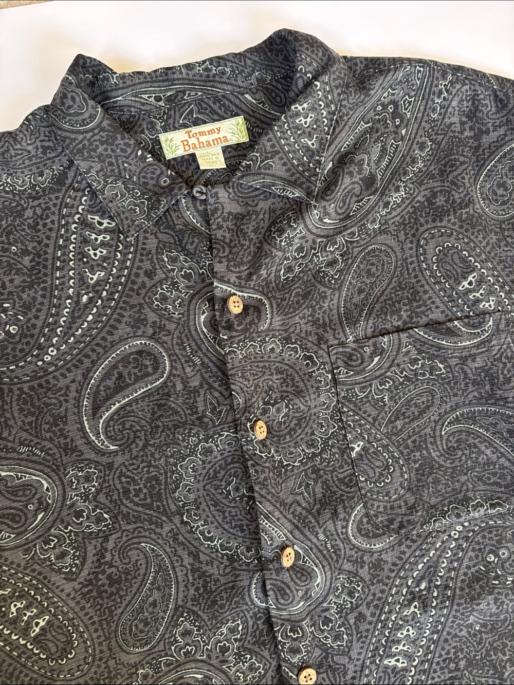 Tommy Bahama Hawaiian Paisley Gray Green Silk‎ Short Sleeve Shirt Mens Large